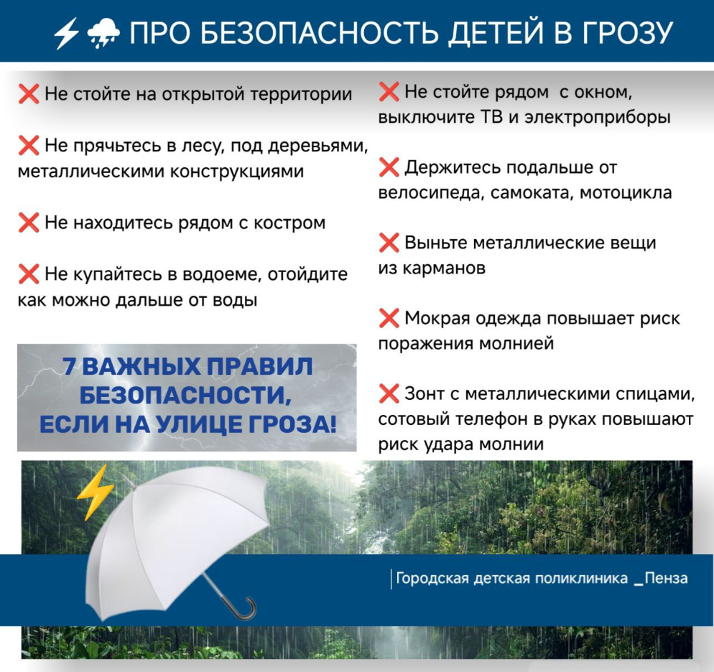 В Пензе прогнозируются ливни, возможны грозы! Напоминаем правила безопасного поведения в грозу
